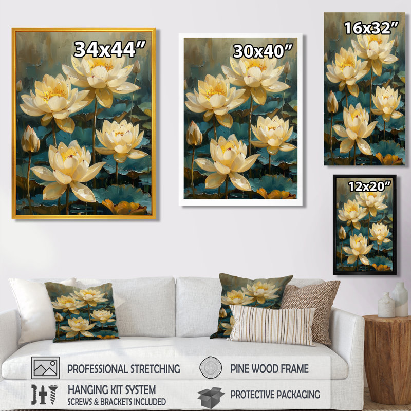 Blanc blanc vert jardin de lotus III - lotus d'art mural de salon, Toile tendue, H 34 po x l 44 po
