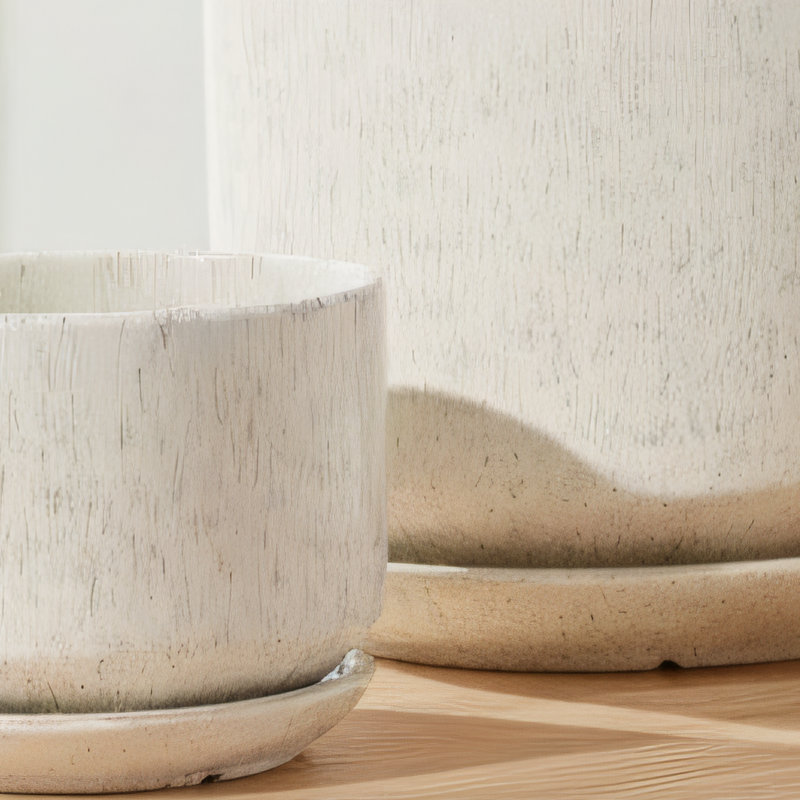 Reactive Glaze Beige Three-Piece Ceramic Flower Pot Set With Drained Saucer, 4.4/5.4/6.9 Inches, Suitable For Indoor And Outdoor Patio/Garden Decoration.