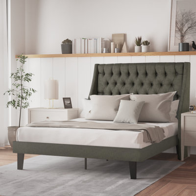 Cambridge Upholstered Tufted Wingback Platform Bed with Solid Deck (8" Leg), Queen Size
