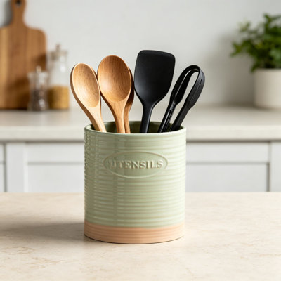 Pot à ustensiles en céramique pour comptoir, pot à ustensiles de cuisine de style campagnard avec ouverture ovale, finition bicolore verte et argile, grand organisateur d'ustensiles de cuisine pour spatules et cuillères