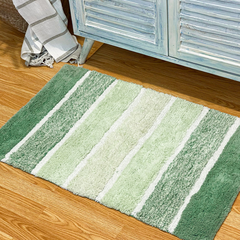 Ensemble de 2 tapis de bain à rayures antidérapants 100% coton Cervantes, Vert, 21 po x 34 po / 17 po x 24 po