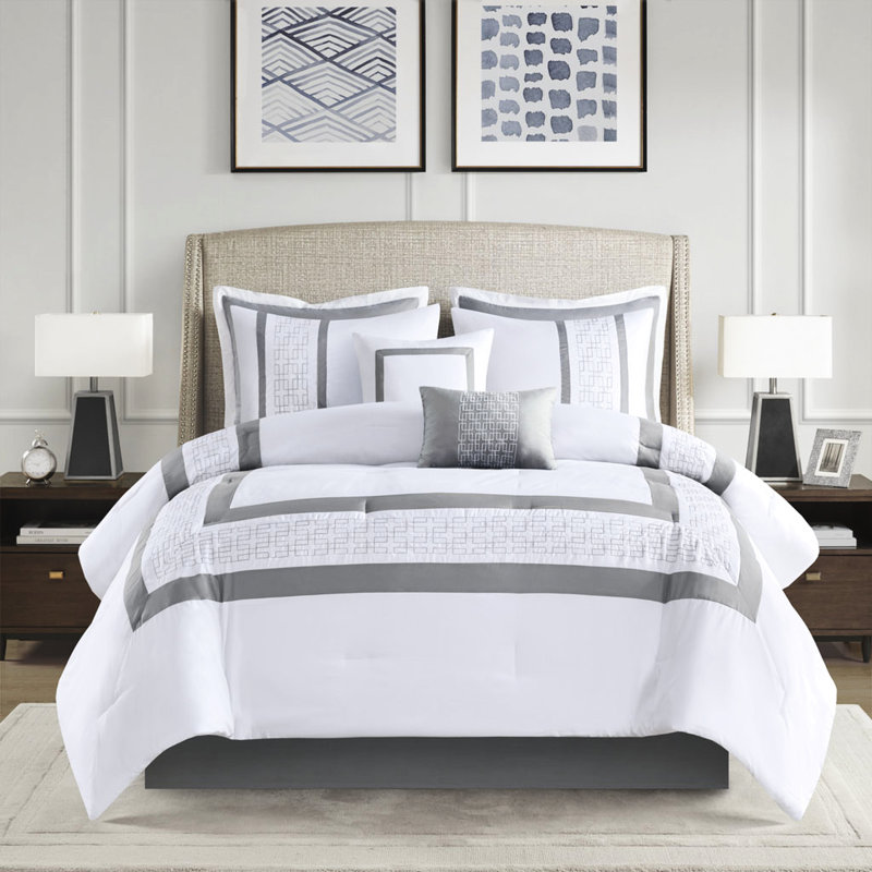 Édredon pour très grand lit 8 pièces - Élégants motifs de broderie décoratifs gris et blanc pour chambre à coucher, Blanc
