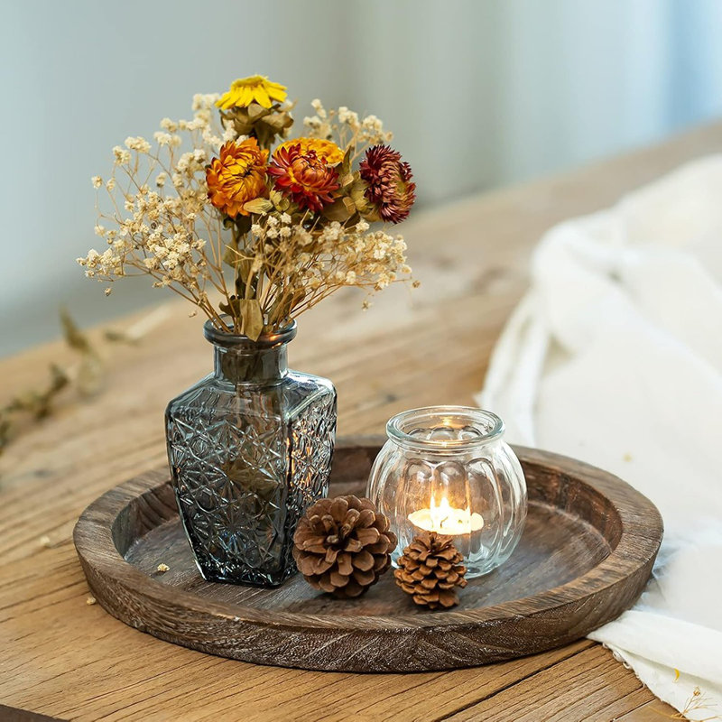 Plateau rond en bois de ferme, porte-bougie décoratif et plateau de service pour table basse, cuisine et décoration intérieure