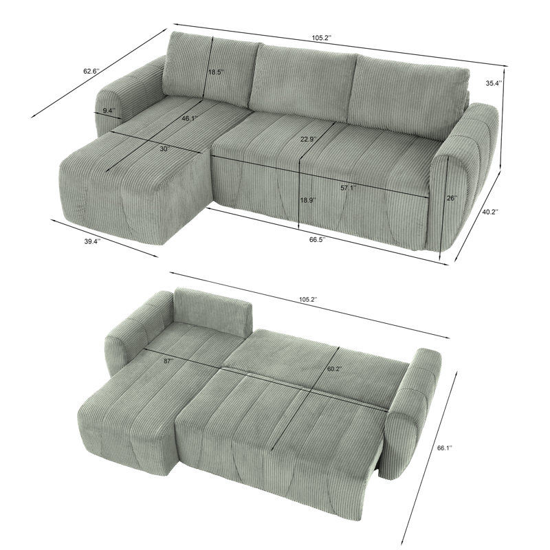 Hokku Designs 105" L-Shaped Convertible Sofa Couch, Adjustable Backrest Sleeper Sofa Bed, Gray Corduroy