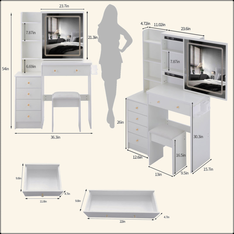 37" Middle Size Left Bedside Cabinet Vanity Table + Cushioned Stool Dresser Set, 2 AC+2 USB Socket, Hair Dryer Stand, Large Touch Control LED Sliding Mirror, 3-Color Switch, EPA, GCC, UL Certificate