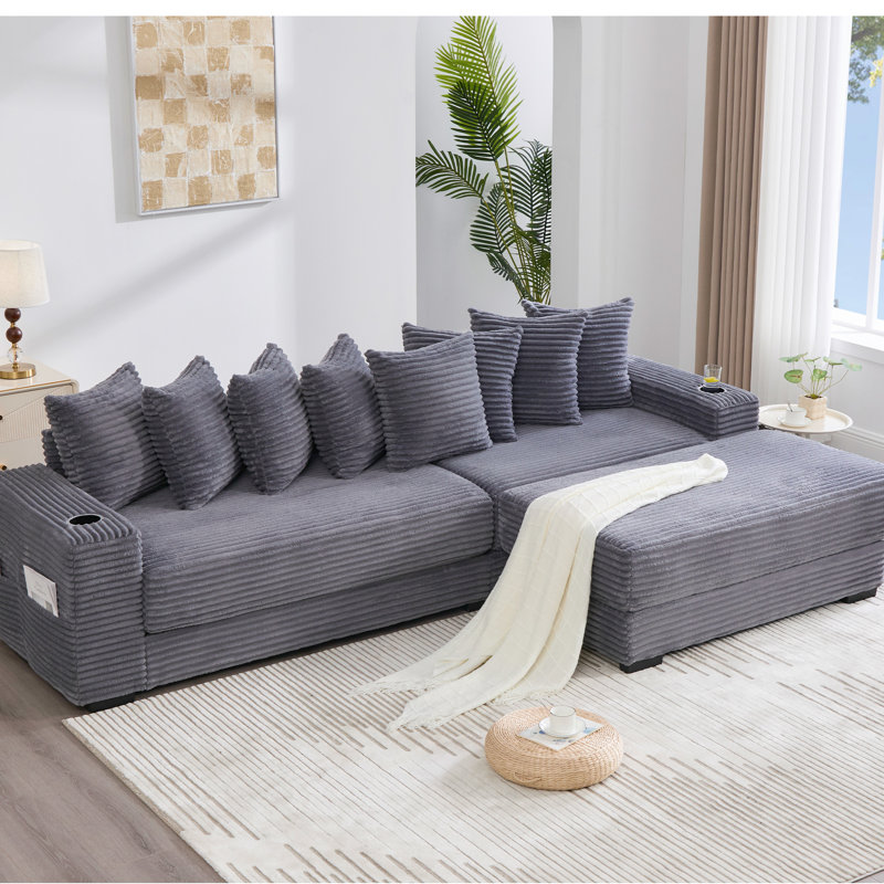 Modern L Shaped Couch, Corduroy, Movable Footstool, Double Cup Holders, Magazine Pockets, Throw Pillows Newly Introduced 107.68" Corduroy Modular Couch With Adjustable Footrest, 8 - Dark Gray