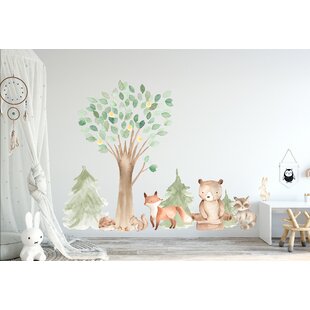 Woodland Nursery Wall Decor 6 Birch Trees Fox & Friends Fox Deer Owl  Squirrel Bunny Raccoon Birds Wall Decal Neutral Nursery Easy to Install 