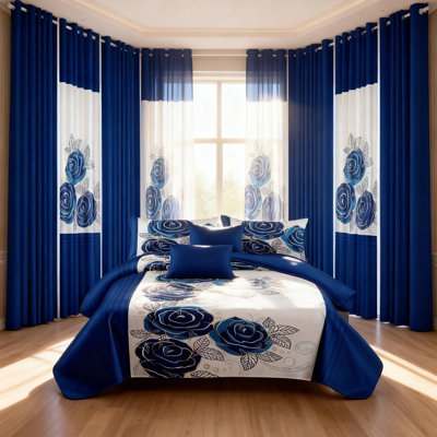 Ensemble 9 pièces de literie et de rideaux matelassés à motif de fleurs bleu royal, élégant couvre-lit botanique avec 6 panneaux de fenêtre à oeillets filtrant 6 lumières et 2 taies décoratives, microfibre facile d'entretien pour animaux de compagnie