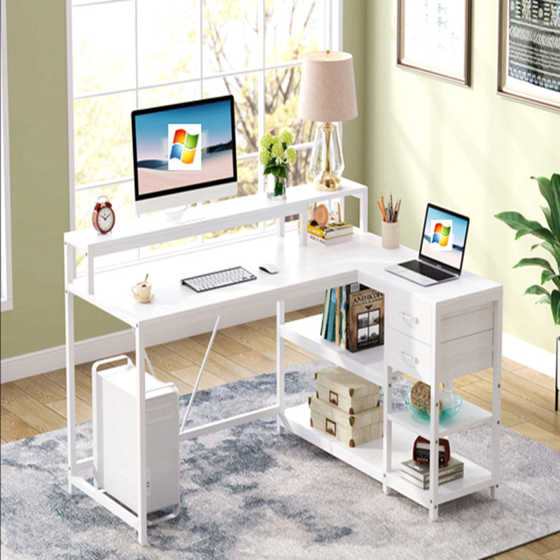 Bureau en L de 55 pouces, bureau d'écriture blanc et blanc avec rehausse de moniteur, tiroirs et tablettes de rangement en forme de L