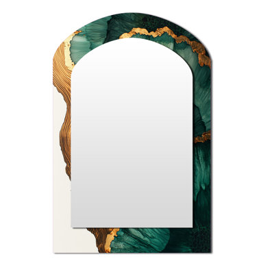 Emerald Leaves Wood Slide III - Stone Geode Asymmetrical Decorative Wall Mirror, Gold Arch Large Mirror, Printed Metal Art