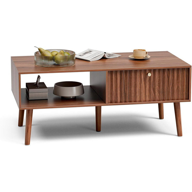 Fluted Coffee Table With Storage, Mid Century Dining Table With Drawer And Solid Wood Legs, Small Coffee Tables For Living Room, Walnut