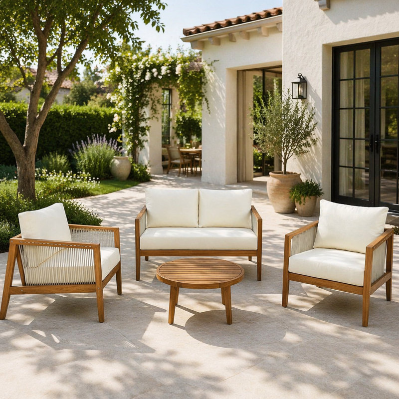 Ensemble de patio extérieur 4 pièces avec bois d'acacia, corde et coussins hydrofuges pour des sièges élégants et confortables