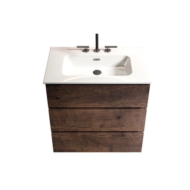 Lavabo pour salle de bain en noyer. Vaste espace de rangement, fonctionnement silencieux. Poignée ergonomique - Apparence. Bassin blanc. 30 po en noyer pré-assemblé. Capacité de travail intérieure accrue. Armoire moderne.