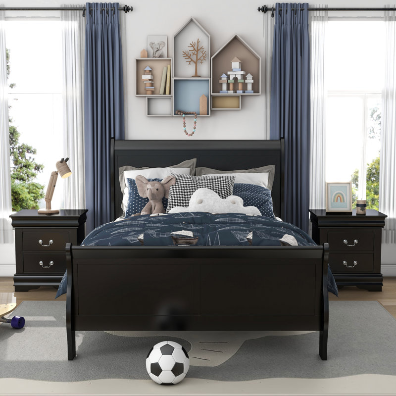 Ensemble de chambre à coucher Emelinda, Noir, Simple, Trois pièces : lit, 2 tables de chevet