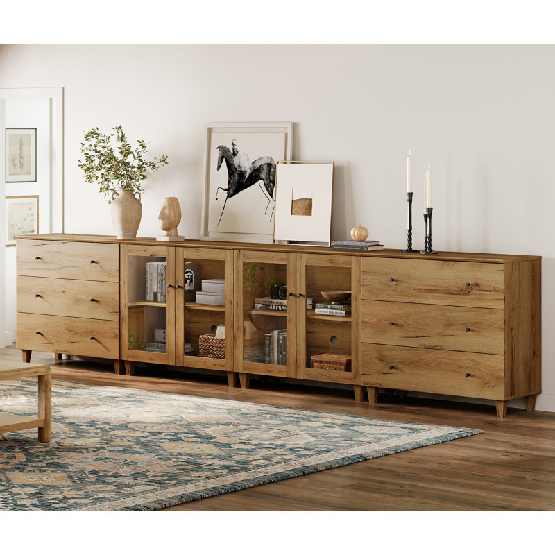 Buffet modulaire avec tiroirs et tablettes réglables pour la salle à manger, largeur de 142 pouces, Brun chêne