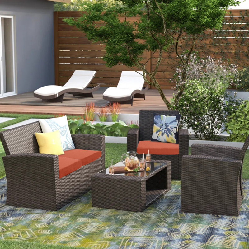 Ensemble de conversation en osier / rotin pour 4 personnes avec coussins Delano, Tissu performance orange, Chocolat