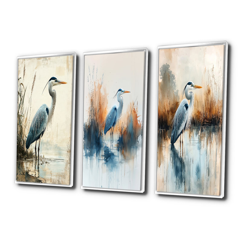 Tronçon héron au bord du lac I - Collection de décorations murales Paysage de montagnes, H 28 po x l 36 po, Blanc