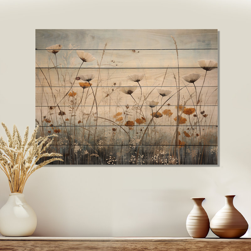 Minimalisme, Wildflower Wonderland I, art mural sur bois de pin naturel, H 24 po x l 32 po