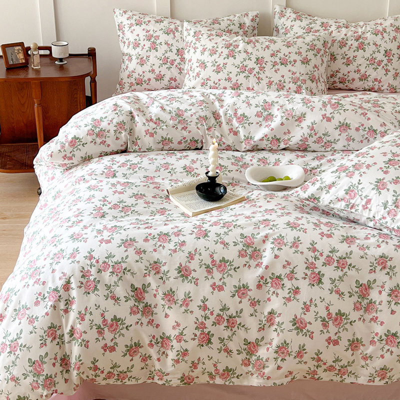 Microfiber Comforter Set, Full Comforter + 2 Standard Shams, White/Pink/Green Floral