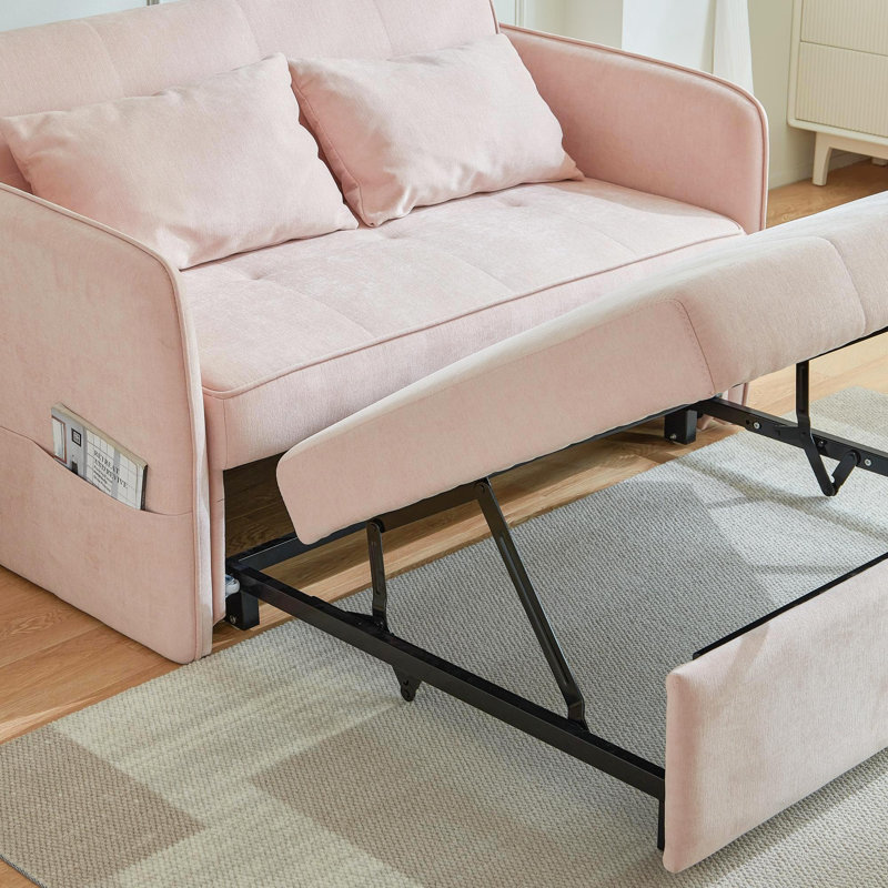 53.5'' Chenille Loveseat Sleeper Sofa Bed With Adjustable Angles And Storage Pockets, Pink Chenille