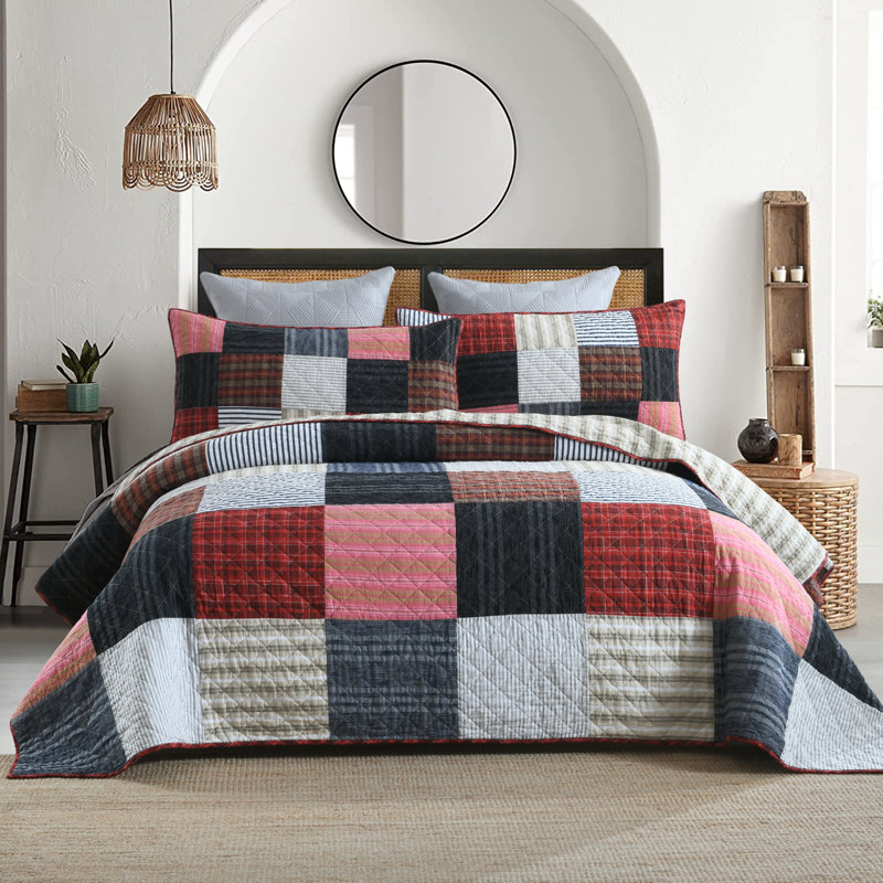 Ensemble de courtepointe réversible 100% coton à motif floral, Rouge / noir, Édredon pour grand lit + 2 taies décoratives