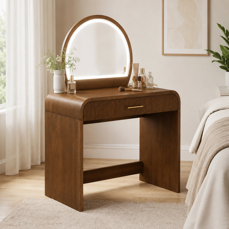  Coiffeuse en bois d'hévéa moderne avec miroir tactile et fonction convertible, Brown