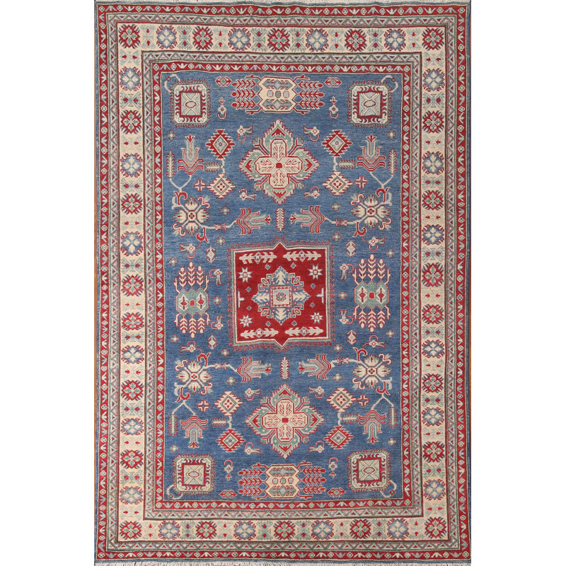Blue Geometric Kazak Living Room Rug 7x10