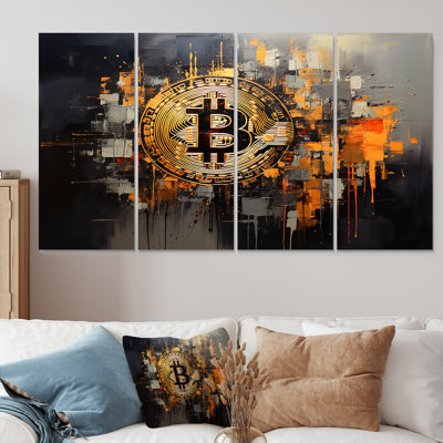 Or et gris - Crypto monnaie - ensemble d'art mural 4 pièces Bitcoin