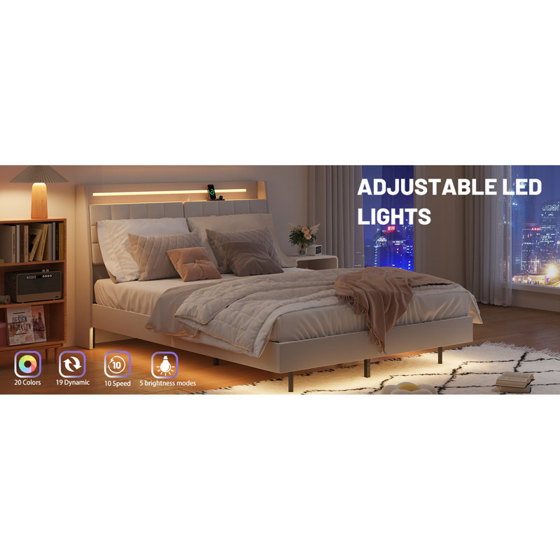 Structure de lit grand rembourré en velours beige avec espace de rangement à DEL et caché, charge éclairée, plateforme de revêtement