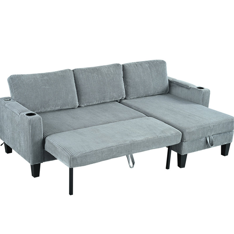 Gray Corduroy L-Shaped Sleeper With Reversible Design, Storage Chaise, And Charging For Living Room Bedroom - 84.4 In Depth, 51.09 Width, 34.97 Height, 114.32 Lb Weight 3 Arm Storage, Cup Holders