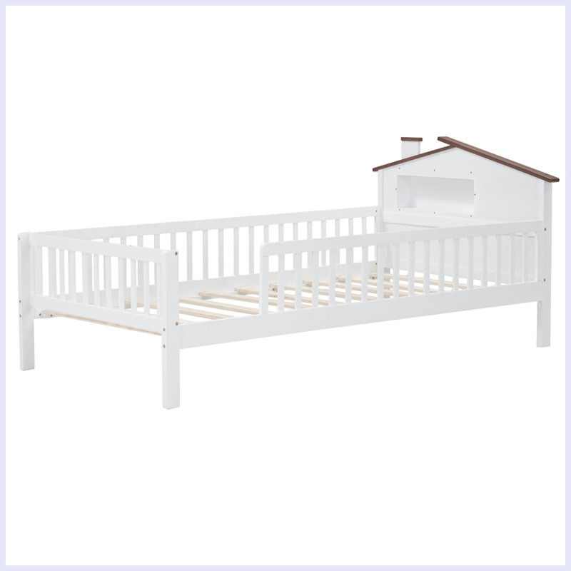 Lit plateforme moderne en bois avec tête de lit en forme de maison, DEL et rangement intégré, Simple, Blanc