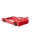 Lit de voiture de course en bois jaune rouge, conception esthétique, espace de rangement à la tête du lit, rails des deux côtés, construction pour les adolescents, plateforme simple avec roues, devant, côté, assemblage facile