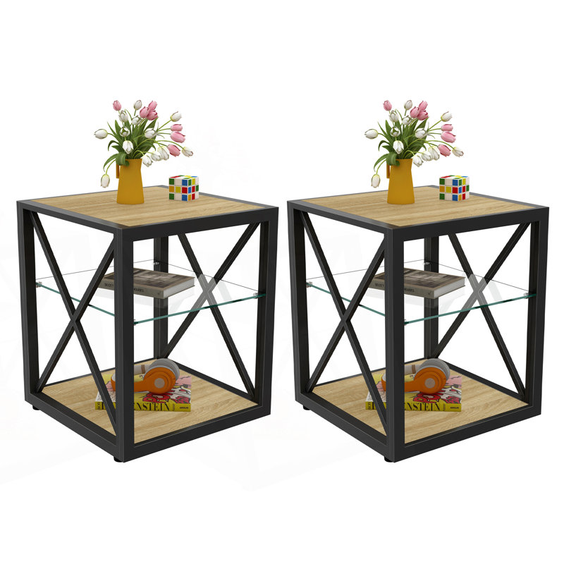 Ensemble de 2 tables de chevet modernes, table d'appoint de style industriel, Ensemble de 2, Bois naturel