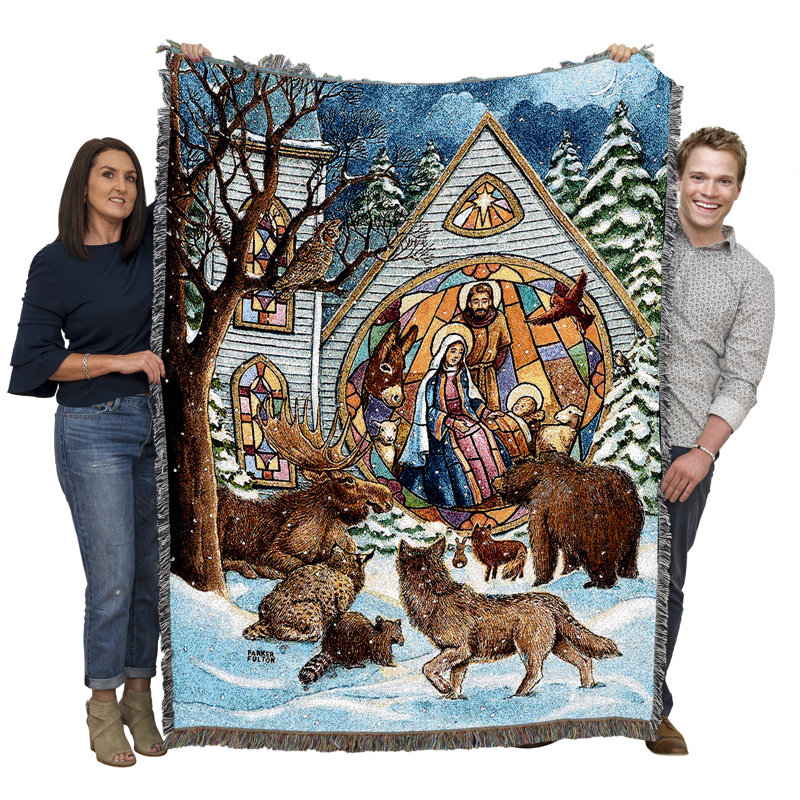 Couverture de Noël Pure Country Weavers Snowfall par Parker Fulton - Crèche de Noël avec animaux - Tapisserie tissée en coton - Fabriquée aux États-Unis (72 x 54)