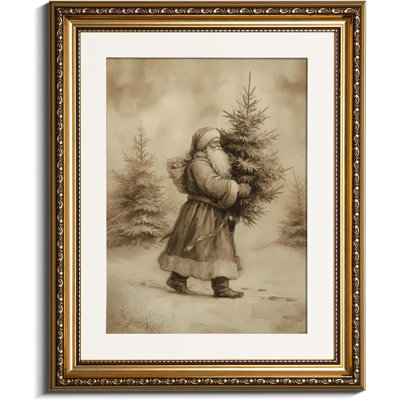 Tableau de Noël vintage sur toile avec le père Noël et cadre doré