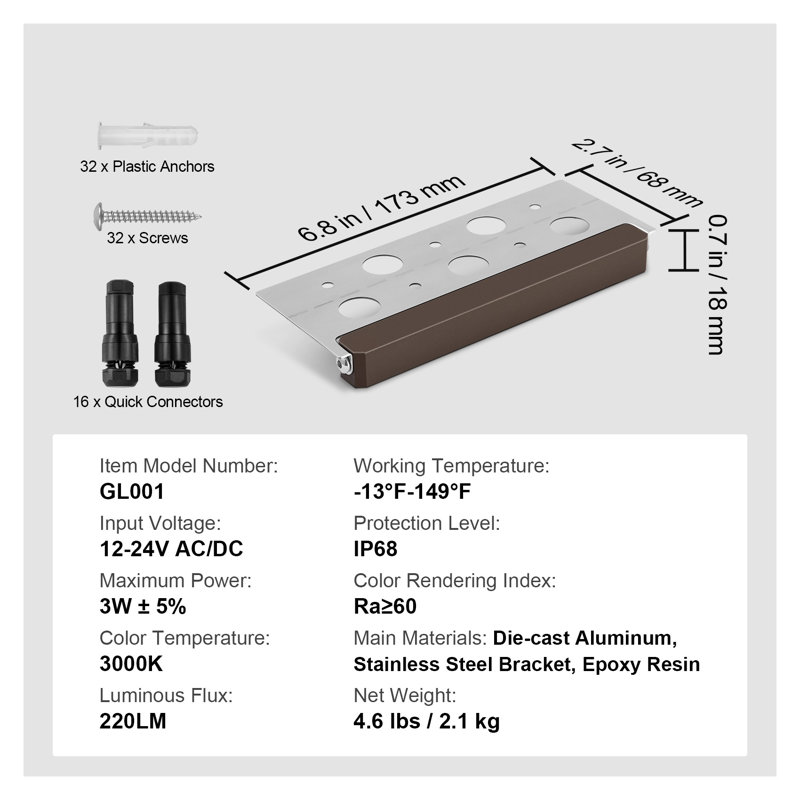Paquet de 8 lumières DEL Hardscape - éclairage de mur de soutènement à basse tension 3W avec connecteurs, éclairage extérieur IP68 imperméable pour aménagement paysager