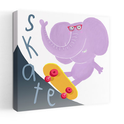 Happy Skater Elephant Contemporary Wall Art Print 1 Piece Wrapped Canvas Wall Art