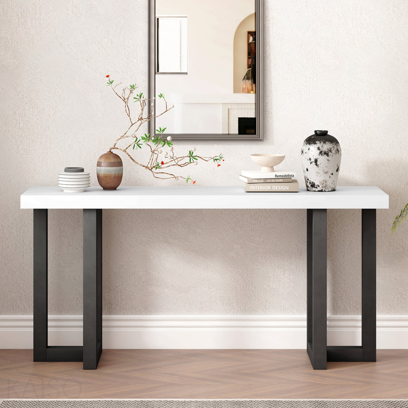 Console, conception géométrique, pieds en pin massif pour entrée - standard, 30" H x 63" W x 15.7" D, Grey,White, Grey,White