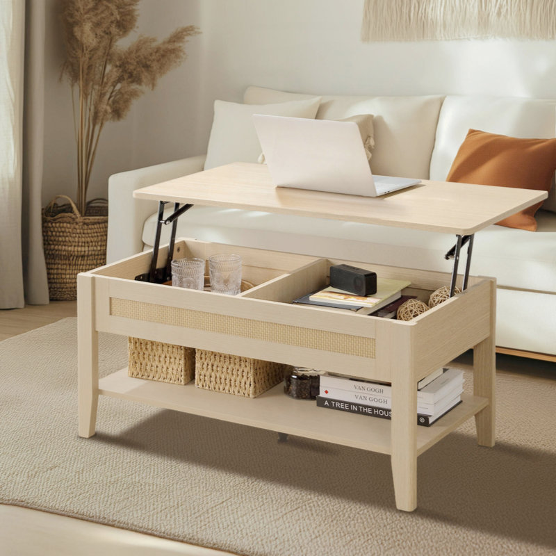 Table basse à plateau relevable avec rangement et tablette inférieure ouverte
