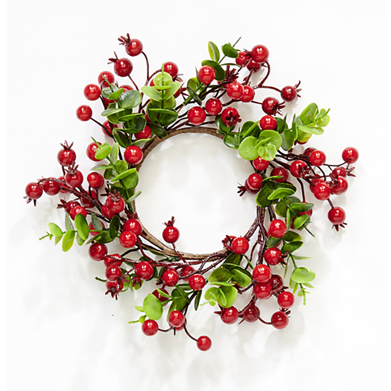 Anneau de bougie pilier avec baies rouges de Noël et feuilles d'eucalyptus artificielles de diamètre intérieur, 3