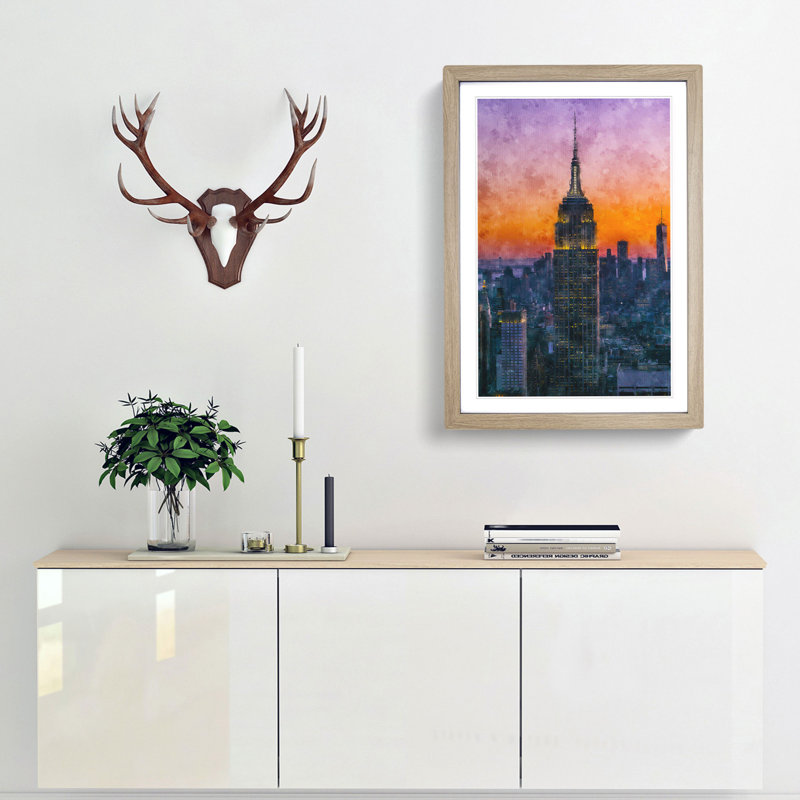 Empire State Building Sunset Framed Print, 87cm H x 62cm W x 2cm D, Oak Framed