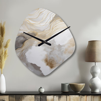 Gold And Grey Abstracted Line Artistry V - Line Art Unique Shape Metal Wall Clock, Modern Asymmetrical Wall Clock Print