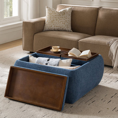 Lessman 37.25"W Mid-Century Modern Chenille Ottoman with Reversible Wood Tray Top and Storage