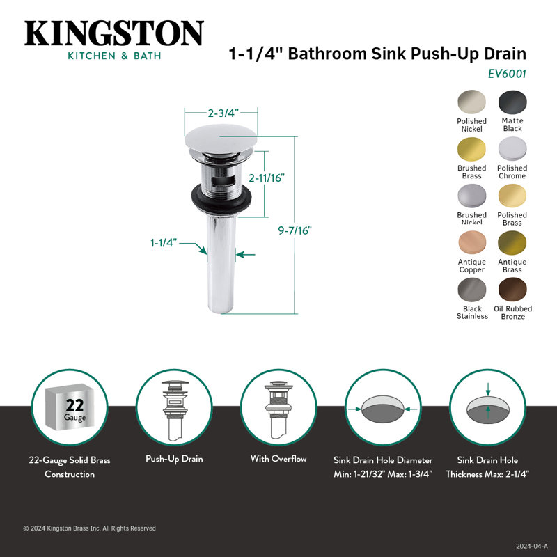 Kingston Brass Push Pop-Up Bathroom Sink Drain with Overflow, 22 Gauge, Antique Brass