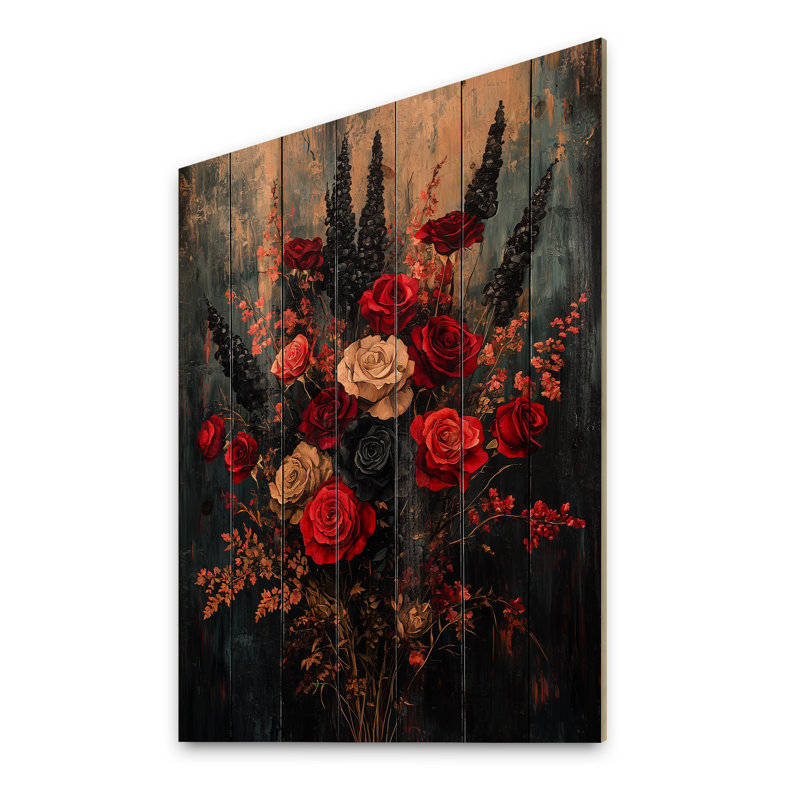 Abstrait bouquet de roses gothique foncé I - reproduction de bois de roses - sur bois de pin naturel