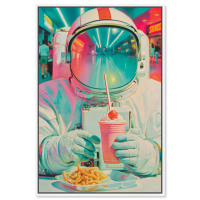 Impression sur toile encadrée « Astronaute de Mall Court », style rétro urbain et glamour, par Art Remedy, cadre blanc, 30 x 45