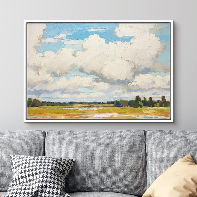 «Clouds Cloudy Sky Green Forest Meadow», impression botanique moderne sur toile, Cadre flottant blanc
