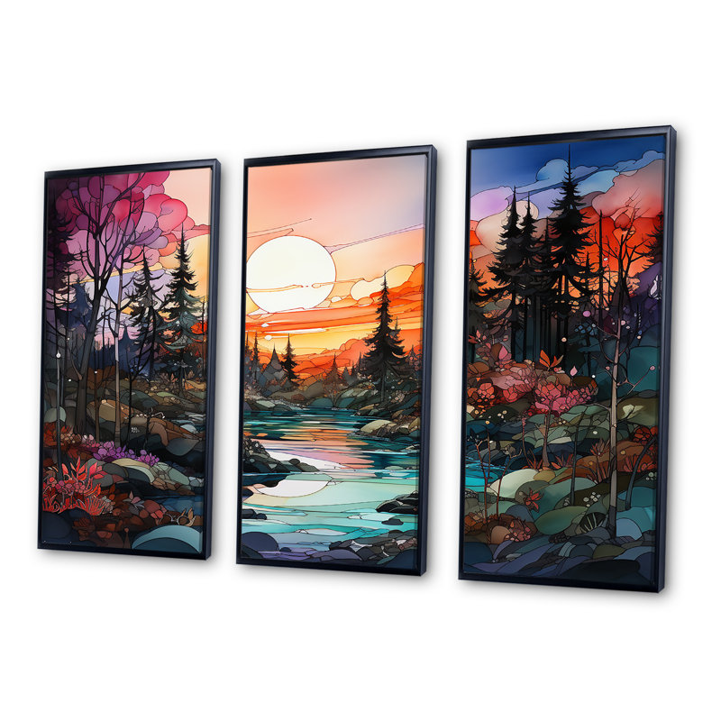 Rivière, rivière, forêt, lever de soleil - ensemble d'art mural forêt, Cadre flottant noir, H 32 po x l 48 po x P 1 po