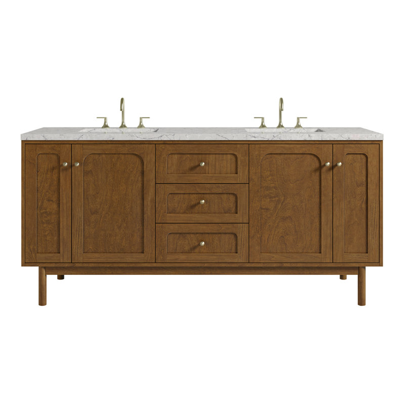Laurent 72" Double Vanity, Light Natural Oak W/FreePower Wireless Charger, Eternal Jasmine Pearl, Honey Oak