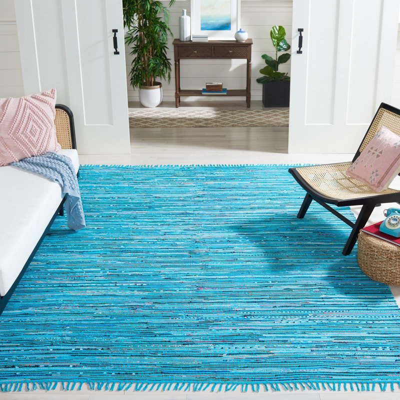 Tapis turquoise en coton tissé à plat à la main Nerys, Rectangle 8 pi x 10 pi
